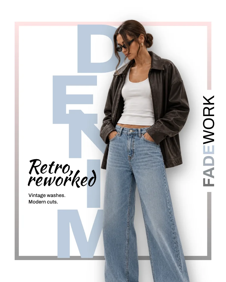 FADEWORK denim design with a model, large DENIM lettering and the headline Retro, reworked
